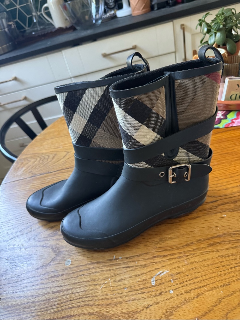Burberry Black and Beige Plaid Rain Ankle Boots